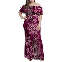 Vintage Tonga Tribal Ngatu Pattern Family Matching Off Shoulder Maxi Dress and Hawaiian Shirt With Pacific Floral Pink Art LT9 Mom's Dress Pink - Polynesian Pride