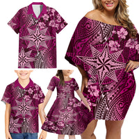 Vintage Tonga Tribal Ngatu Pattern Family Matching Off Shoulder Short Dress and Hawaiian Shirt With Pacific Floral Pink Art LT9 - Polynesian Pride
