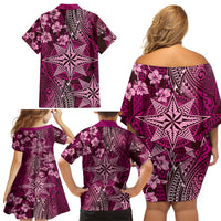 Vintage Tonga Tribal Ngatu Pattern Family Matching Off Shoulder Short Dress and Hawaiian Shirt With Pacific Floral Pink Art LT9 - Polynesian Pride