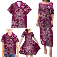 Vintage Tonga Tribal Ngatu Pattern Family Matching Puletasi and Hawaiian Shirt With Pacific Floral Pink Art LT9 - Polynesian Pride