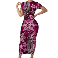 Vintage Tonga Tribal Ngatu Pattern Family Matching Short Sleeve Bodycon Dress and Hawaiian Shirt With Pacific Floral Pink Art LT9 Mom's Dress Pink - Polynesian Pride