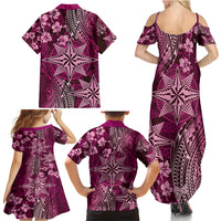Vintage Tonga Tribal Ngatu Pattern Family Matching Summer Maxi Dress and Hawaiian Shirt With Pacific Floral Pink Art LT9 - Polynesian Pride