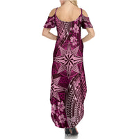 Vintage Tonga Tribal Ngatu Pattern Family Matching Summer Maxi Dress and Hawaiian Shirt With Pacific Floral Pink Art LT9 - Polynesian Pride