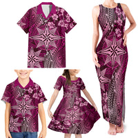 Vintage Tonga Tribal Ngatu Pattern Family Matching Tank Maxi Dress and Hawaiian Shirt With Pacific Floral Pink Art LT9 - Polynesian Pride