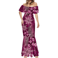 Vintage Tonga Tribal Ngatu Pattern Mermaid Dress With Pacific Floral Pink Art