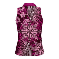 Vintage Tonga Tribal Ngatu Pattern Women Sleeveless Polo Shirt With Pacific Floral Pink Art LT9 - Polynesian Pride