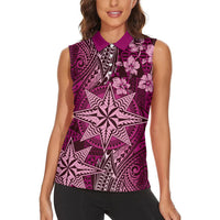 Vintage Tonga Tribal Ngatu Pattern Women Sleeveless Polo Shirt With Pacific Floral Pink Art LT9 - Polynesian Pride