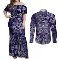 Vintage Tonga Tribal Ngatu Pattern Couples Matching Off Shoulder Maxi Dress and Long Sleeve Button Shirt With Pacific Floral Pink Art LT9 Pink - Polynesian Pride