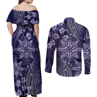 Vintage Tonga Tribal Ngatu Pattern Couples Matching Off Shoulder Maxi Dress and Long Sleeve Button Shirt With Pacific Floral Pink Art LT9 - Polynesian Pride