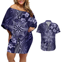 Vintage Tonga Tribal Ngatu Pattern Couples Matching Off Shoulder Short Dress and Hawaiian Shirt With Pacific Floral Pink Art LT9 Pink - Polynesian Pride
