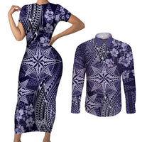 Vintage Tonga Tribal Ngatu Pattern Couples Matching Short Sleeve Bodycon Dress and Long Sleeve Button Shirt With Pacific Floral Pink Art LT9 Pink - Polynesian Pride