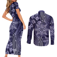 Vintage Tonga Tribal Ngatu Pattern Couples Matching Short Sleeve Bodycon Dress and Long Sleeve Button Shirt With Pacific Floral Pink Art LT9 - Polynesian Pride