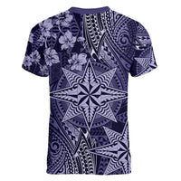 Vintage Tonga Tribal Ngatu Pattern Women V-Neck T-Shirt With Pacific Floral Pink Art LT9 - Polynesian Pride