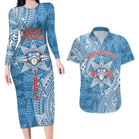 Personalised Tonga Apifo'ou College Couples Matching Long Sleeve Bodycon Dress and Hawaiian Shirt Since 1865 Special Kupesi Pattern LT9 Blue - Polynesian Pride