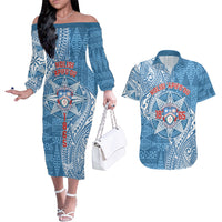 Personalised Tonga Apifo'ou College Couples Matching Off The Shoulder Long Sleeve Dress and Hawaiian Shirt Since 1865 Special Kupesi Pattern LT9 Blue - Polynesian Pride