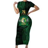 Personalised Tonga Liahona High School 76th Anniversary Family Matching Short Sleeve Bodycon Dress and Hawaiian Shirt Special Kupesi Pattern LT9 Mom's Dress Green - Polynesian Pride