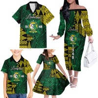 Personalised Tonga Liahona High School Family Matching Off The Shoulder Long Sleeve Dress and Hawaiian Shirt Since 1948 Special Kupesi Pattern LT9 - Polynesian Pride