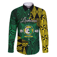 Personalised Tonga Liahona High School Family Matching Off The Shoulder Long Sleeve Dress and Hawaiian Shirt Since 1948 Special Kupesi Pattern LT9 Dad's Shirt - Long Sleeve Green - Polynesian Pride