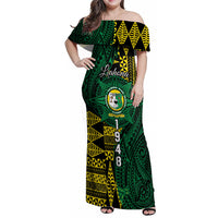 Personalised Tonga Liahona High School Family Matching Off Shoulder Maxi Dress and Hawaiian Shirt Since 1948 Special Kupesi Pattern LT9 Mom's Dress Green - Polynesian Pride