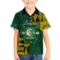 Personalised Tonga Liahona High School Family Matching Off Shoulder Short Dress and Hawaiian Shirt Since 1948 Special Kupesi Pattern LT9 Son's Shirt Green - Polynesian Pride