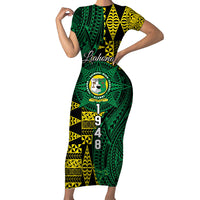 Personalised Tonga Liahona High School Family Matching Short Sleeve Bodycon Dress and Hawaiian Shirt Since 1948 Special Kupesi Pattern LT9 Mom's Dress Green - Polynesian Pride