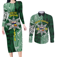 Personalised Tonga Takuilau College Couples Matching Long Sleeve Bodycon Dress and Long Sleeve Button Shirt Since 1975 Special Kupesi Pattern LT9 Green - Polynesian Pride