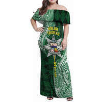 Personalised Tonga Takuilau College Family Matching Off Shoulder Maxi Dress and Hawaiian Shirt Since 1975 Special Kupesi Pattern LT9 Mom's Dress Green - Polynesian Pride