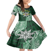 Personalised Tonga Takuilau College Family Matching Off Shoulder Short Dress and Hawaiian Shirt Since 1975 Special Kupesi Pattern LT9 Daughter's Dress Green - Polynesian Pride