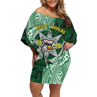 Personalised Tonga Takuilau College Family Matching Off Shoulder Short Dress and Hawaiian Shirt Since 1975 Special Kupesi Pattern LT9 Mom's Dress Green - Polynesian Pride