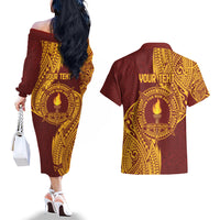 Personalised Tonga Beulah College Couples Matching Off The Shoulder Long Sleeve Dress and Hawaiian Shirt Since 1938 Special Kupesi Pattern LT9 - Polynesian Pride