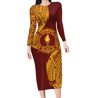 Personalised Tonga Beulah College Family Matching Long Sleeve Bodycon Dress and Hawaiian Shirt Since 1938 Special Kupesi Pattern LT9 Mom's Dress Gold - Polynesian Pride