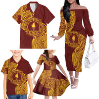 Personalised Tonga Beulah College Family Matching Off The Shoulder Long Sleeve Dress and Hawaiian Shirt Since 1938 Special Kupesi Pattern LT9 - Polynesian Pride