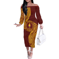 Personalised Tonga Beulah College Family Matching Off The Shoulder Long Sleeve Dress and Hawaiian Shirt Since 1938 Special Kupesi Pattern LT9 Mom's Dress Gold - Polynesian Pride
