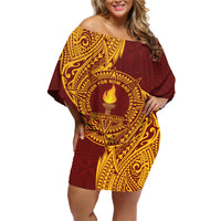 Personalised Tonga Beulah College Family Matching Off Shoulder Short Dress and Hawaiian Shirt Since 1938 Special Kupesi Pattern LT9 Mom's Dress Gold - Polynesian Pride