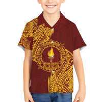 Personalised Tonga Beulah College Family Matching Off Shoulder Short Dress and Hawaiian Shirt Since 1938 Special Kupesi Pattern LT9 Son's Shirt Gold - Polynesian Pride