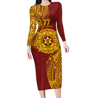 Personalised Tonga High School 77th Anniversary Family Matching Long Sleeve Bodycon Dress and Hawaiian Shirt Special Kupesi Pattern LT9 Mom's Dress Gold - Polynesian Pride