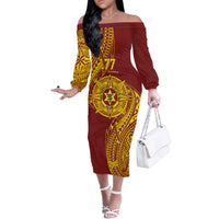 Personalised Tonga High School 77th Anniversary Family Matching Off The Shoulder Long Sleeve Dress and Hawaiian Shirt Special Kupesi Pattern LT9 Mom's Dress Gold - Polynesian Pride