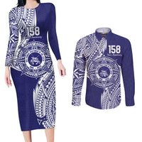 Personalised Tonga Tupou College Tolo 158th Anniversary Couples Matching Long Sleeve Bodycon Dress and Long Sleeve Button Shirt Special Kupesi Pattern LT9 Blue - Polynesian Pride