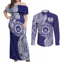 Personalised Tonga Tupou College Tolo 158th Anniversary Couples Matching Off Shoulder Maxi Dress and Long Sleeve Button Shirt Special Kupesi Pattern LT9 Blue - Polynesian Pride