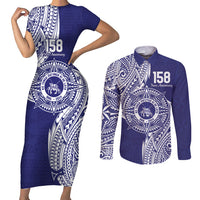 Personalised Tonga Tupou College Tolo 158th Anniversary Couples Matching Short Sleeve Bodycon Dress and Long Sleeve Button Shirt Special Kupesi Pattern LT9 Blue - Polynesian Pride
