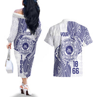 Personalised Tonga Tupou College Tolo Couples Matching Off The Shoulder Long Sleeve Dress and Hawaiian Shirt Since 1866 Special Kupesi Pattern LT9 - Polynesian Pride