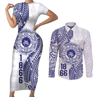 Personalised Tonga Tupou College Tolo Couples Matching Short Sleeve Bodycon Dress and Long Sleeve Button Shirt Since 1866 Special Kupesi Pattern LT9 White - Polynesian Pride