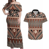 Vintage Bula Fiji Couples Matching Off Shoulder Maxi Dress and Hawaiian Shirt Brown Tapa Masi Motif LT9 Brown - Polynesian Pride
