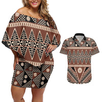 Vintage Bula Fiji Couples Matching Off Shoulder Short Dress and Hawaiian Shirt Brown Tapa Masi Motif LT9 Brown - Polynesian Pride
