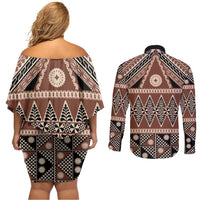 Vintage Bula Fiji Couples Matching Off Shoulder Short Dress and Long Sleeve Button Shirt Brown Tapa Masi Motif LT9 - Polynesian Pride