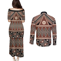 Vintage Bula Fiji Couples Matching Puletasi and Long Sleeve Button Shirt Brown Tapa Masi Motif LT9 - Polynesian Pride