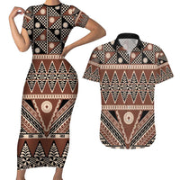 Vintage Bula Fiji Couples Matching Short Sleeve Bodycon Dress and Hawaiian Shirt Brown Tapa Masi Motif LT9 Brown - Polynesian Pride