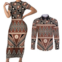 Vintage Bula Fiji Couples Matching Short Sleeve Bodycon Dress and Long Sleeve Button Shirt Brown Tapa Masi Motif LT9 Brown - Polynesian Pride