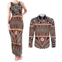 Vintage Bula Fiji Couples Matching Tank Maxi Dress and Long Sleeve Button Shirt Brown Tapa Masi Motif LT9 Brown - Polynesian Pride