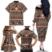 Vintage Bula Fiji Family Matching Off The Shoulder Long Sleeve Dress and Hawaiian Shirt Brown Tapa Masi Motif LT9 - Polynesian Pride